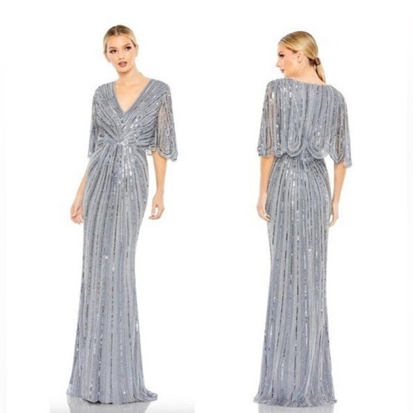NWT Mac Duggal 93583 Beaded Cape Sleeve Column Gown Slate Blue Sz 8 $698 - Picture 1 of 16